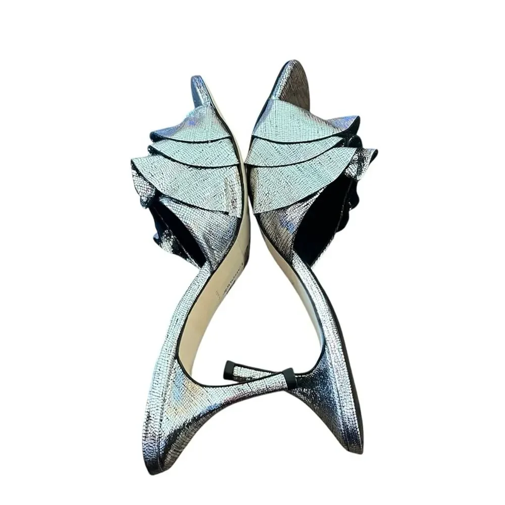 Larroudé Colette Ruffle Stiletto Heel Mule Silver Metallic Leather NEW Size 9